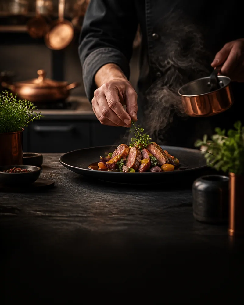 Originele kookscène met een chef die een gerecht opmaakt