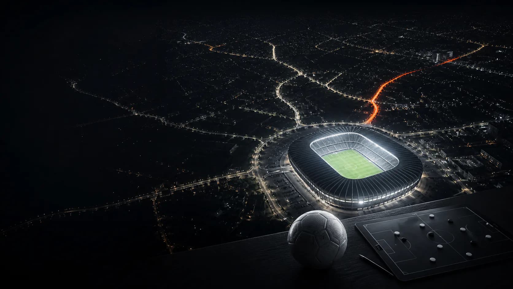 Europees voetbalstadion bij nacht met tactiekbord en verlichte route