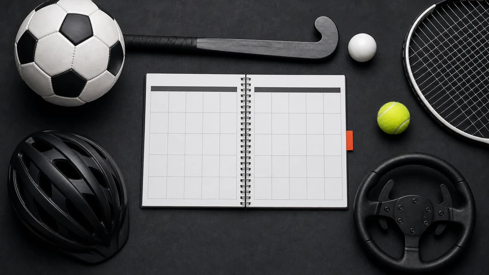 Sportkalender met voetbal, hockey, tennis, wielrennen en autosport