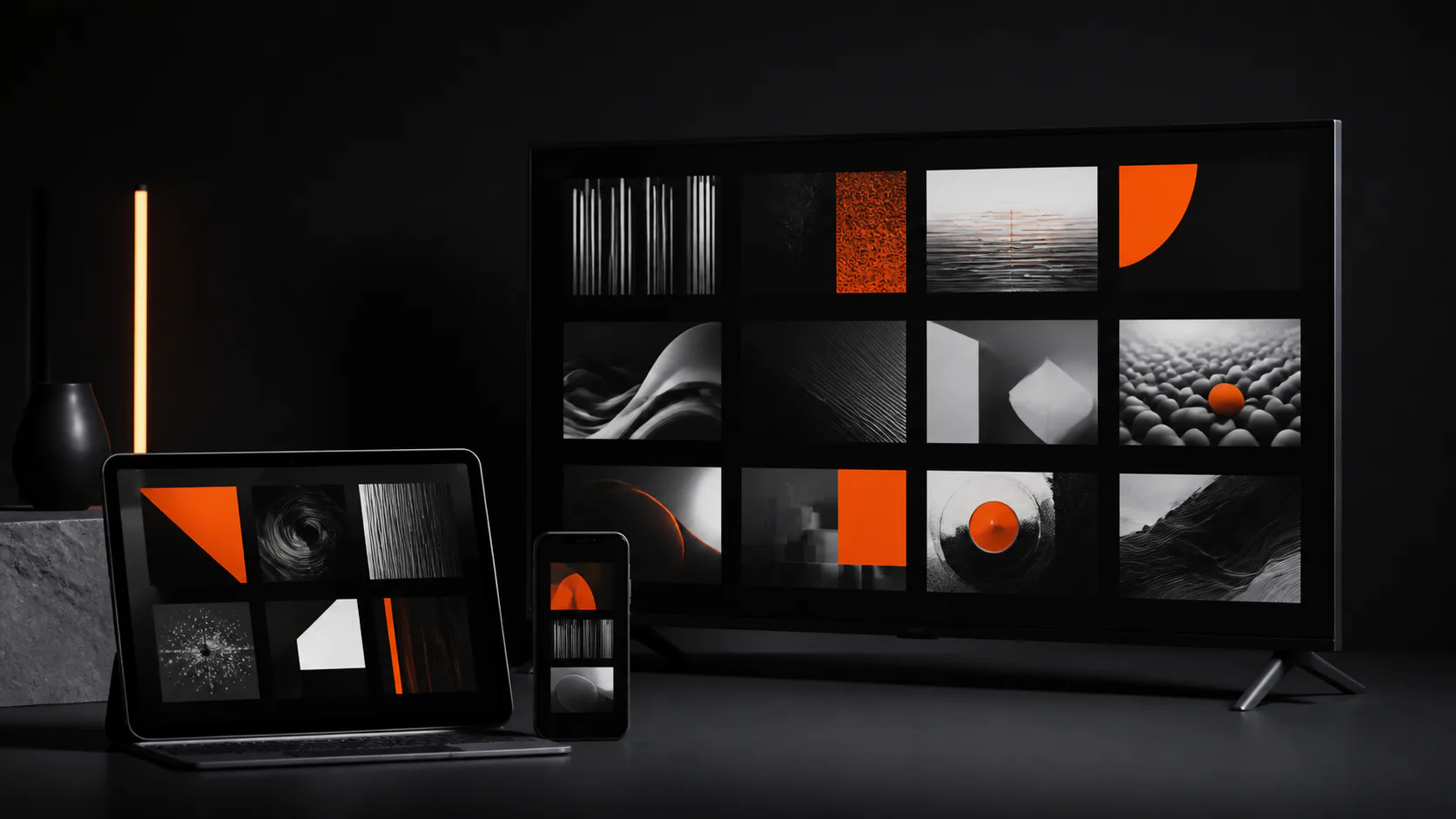 Televisie, tablet en telefoon met abstracte streamingtegels