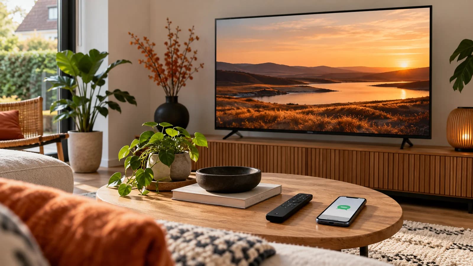 Televisie met een landschap, afstandsbediening en smartphone op een houten tafel in een lichte woonkamer