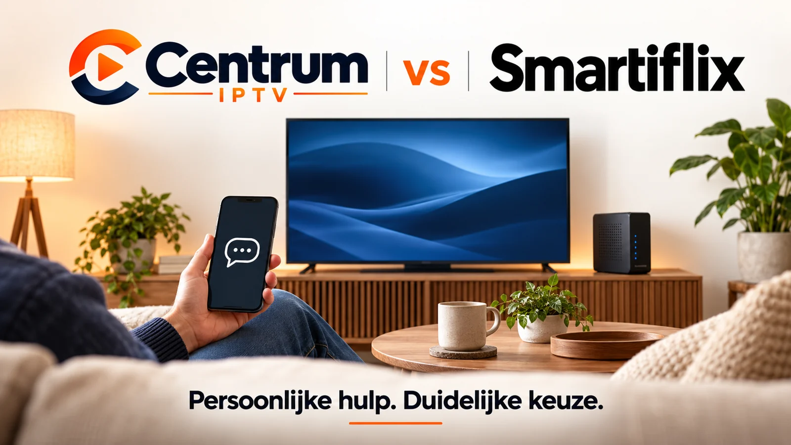 Centrum IPTV-logo tegenover de naam Smartiflix boven een woonkamer met televisie en telefoon voor persoonlijke ondersteuning
