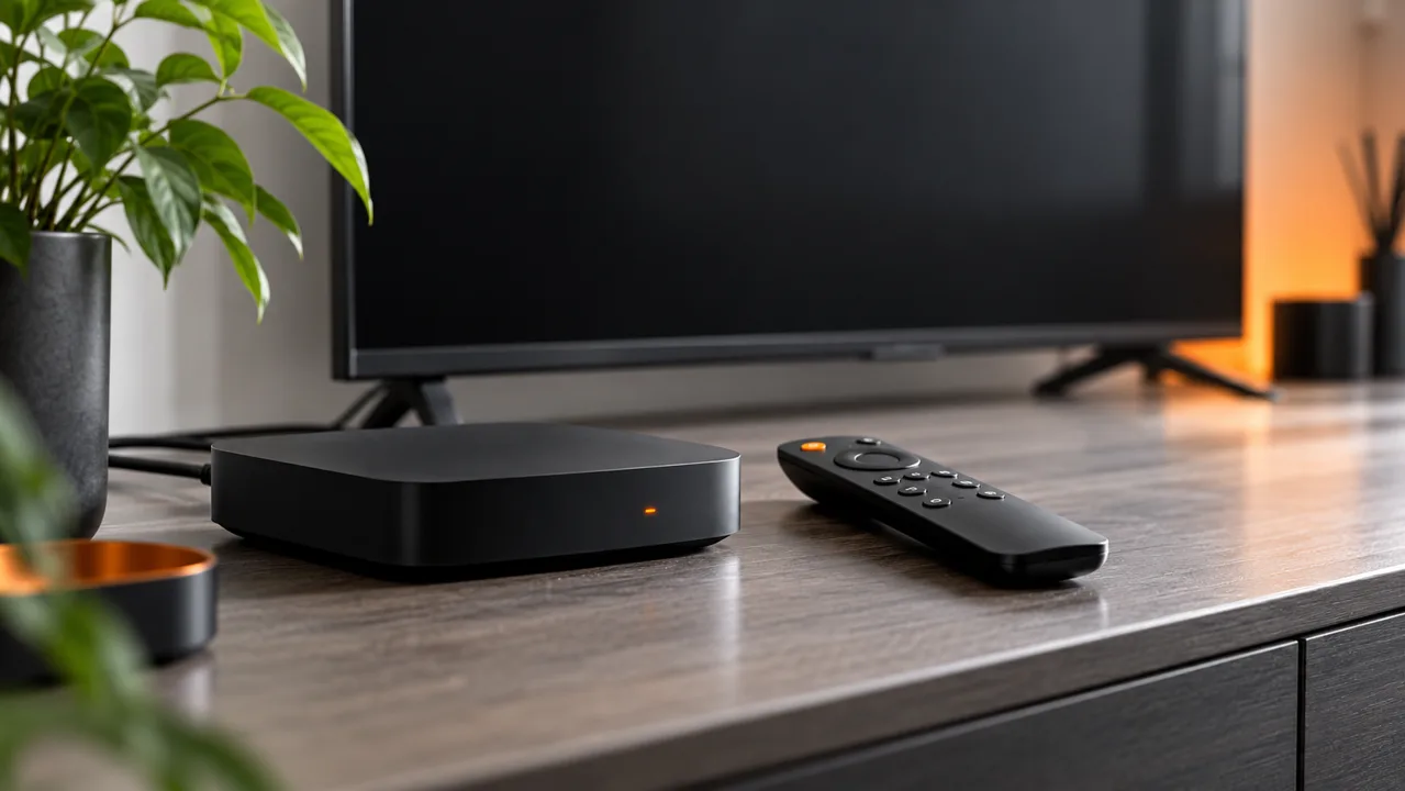 Streamingbox en afstandsbediening bij een televisie voor het voorbereiden van installatie