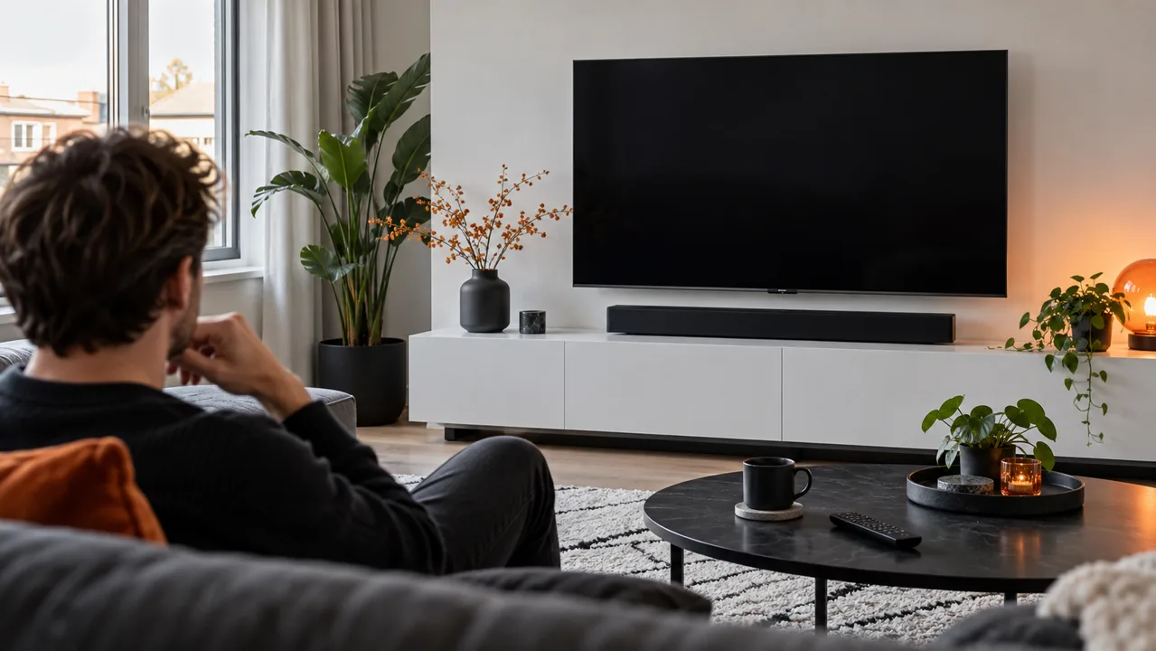 Televisie met soundbar en afstandsbediening in een rustige woonkamer