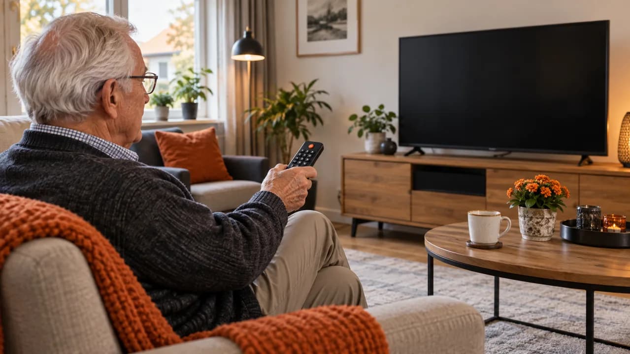 Oudere kijker met een duidelijke afstandsbediening in een comfortabele woonkamer
