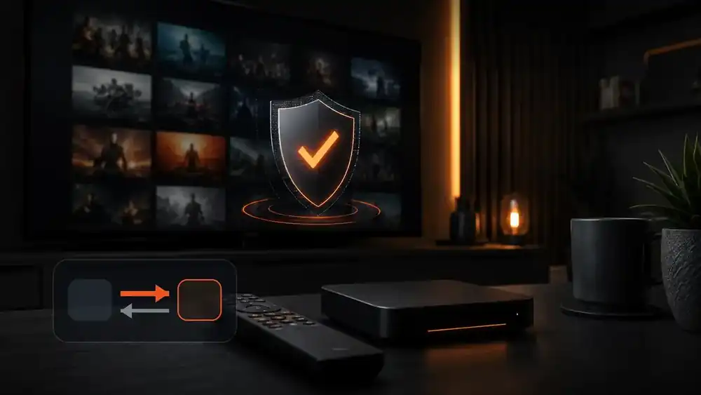 Donkere woonkamer met streamingbox, afstandsbediening en beveiligingssymbool op de televisie