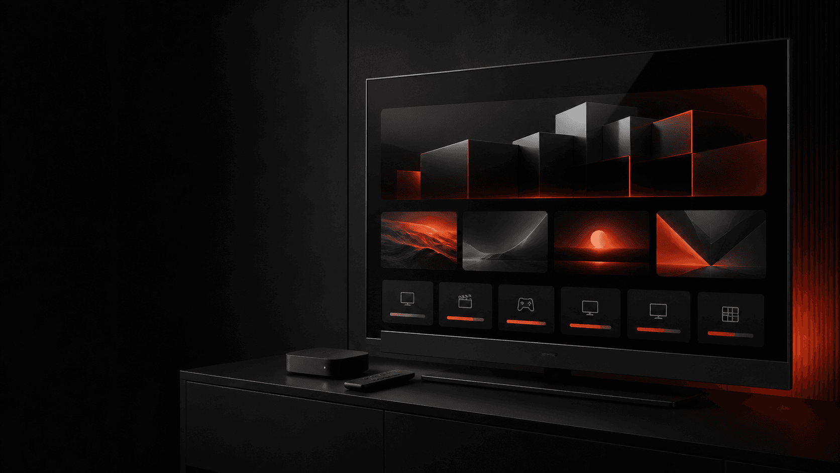 Smart-tv met afstandsbediening en mediabox als unieke illustratie voor de installatie van IBO Player Pro op Android TV